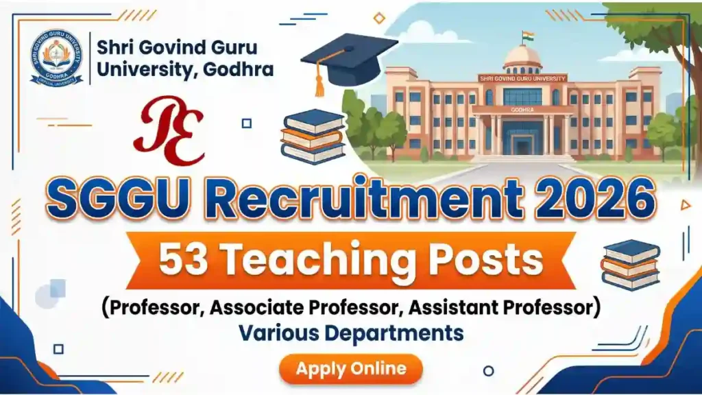 SGGU Teaching Recruitment 2026 notification banner for 53 Professor, Associate Professor and Assistant Professor posts in Godhra Gujarat